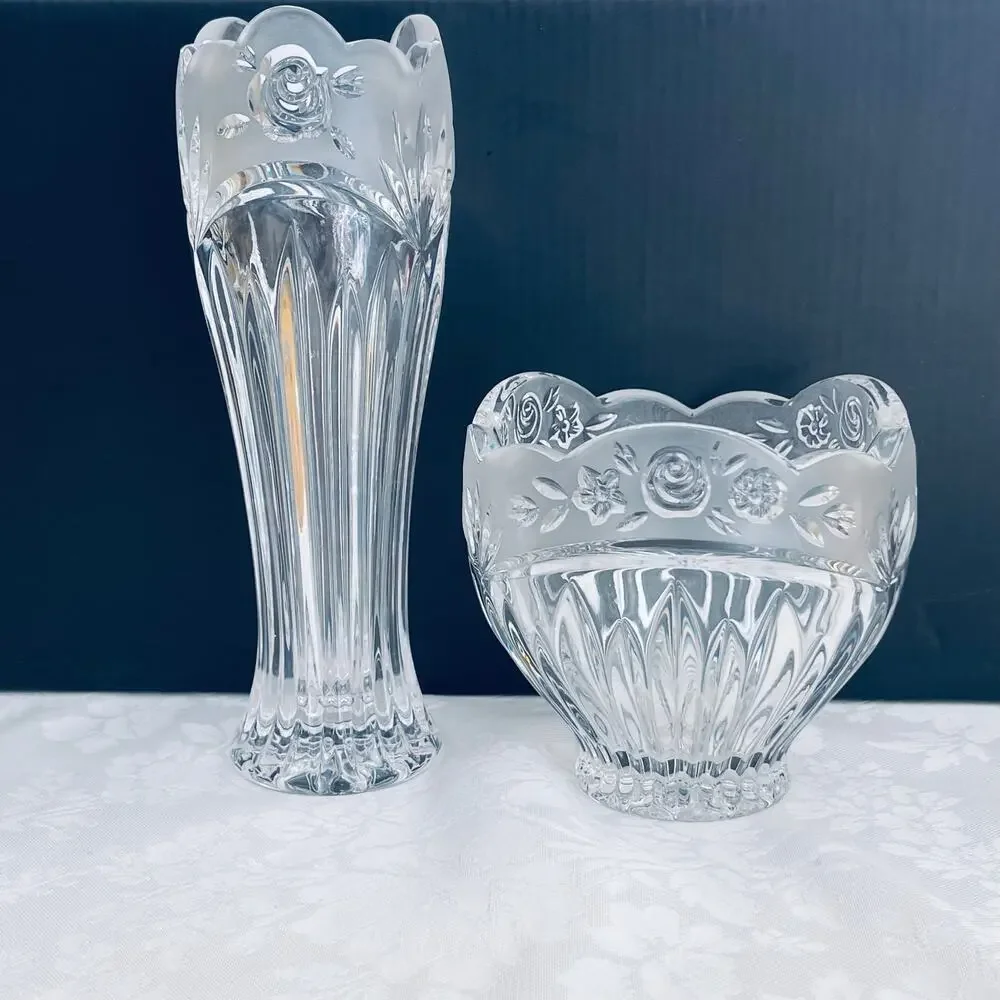 Vtg Oneida Crystal Southern Gardens Bud Vase Candy Dish Bowl Germany Floral Moti